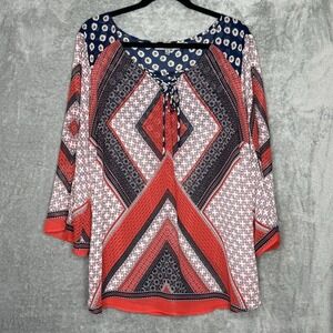 Figueroa & Flower 2X Top Shirt Red Striped 3/4 Sleeve Keyhole Scoop Neck Womens